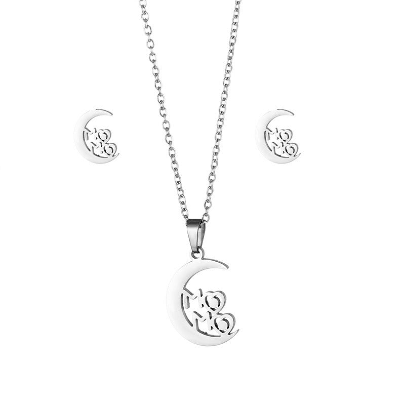 Venta al por mayor, día de la madre, luna, acero inoxidable, pendientes, collar, conjunto de joyas